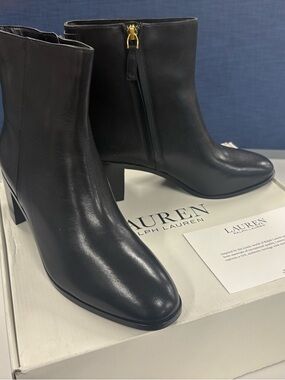 Lauren Ralph Lauren Black Leather Block Heel Ankle Boots